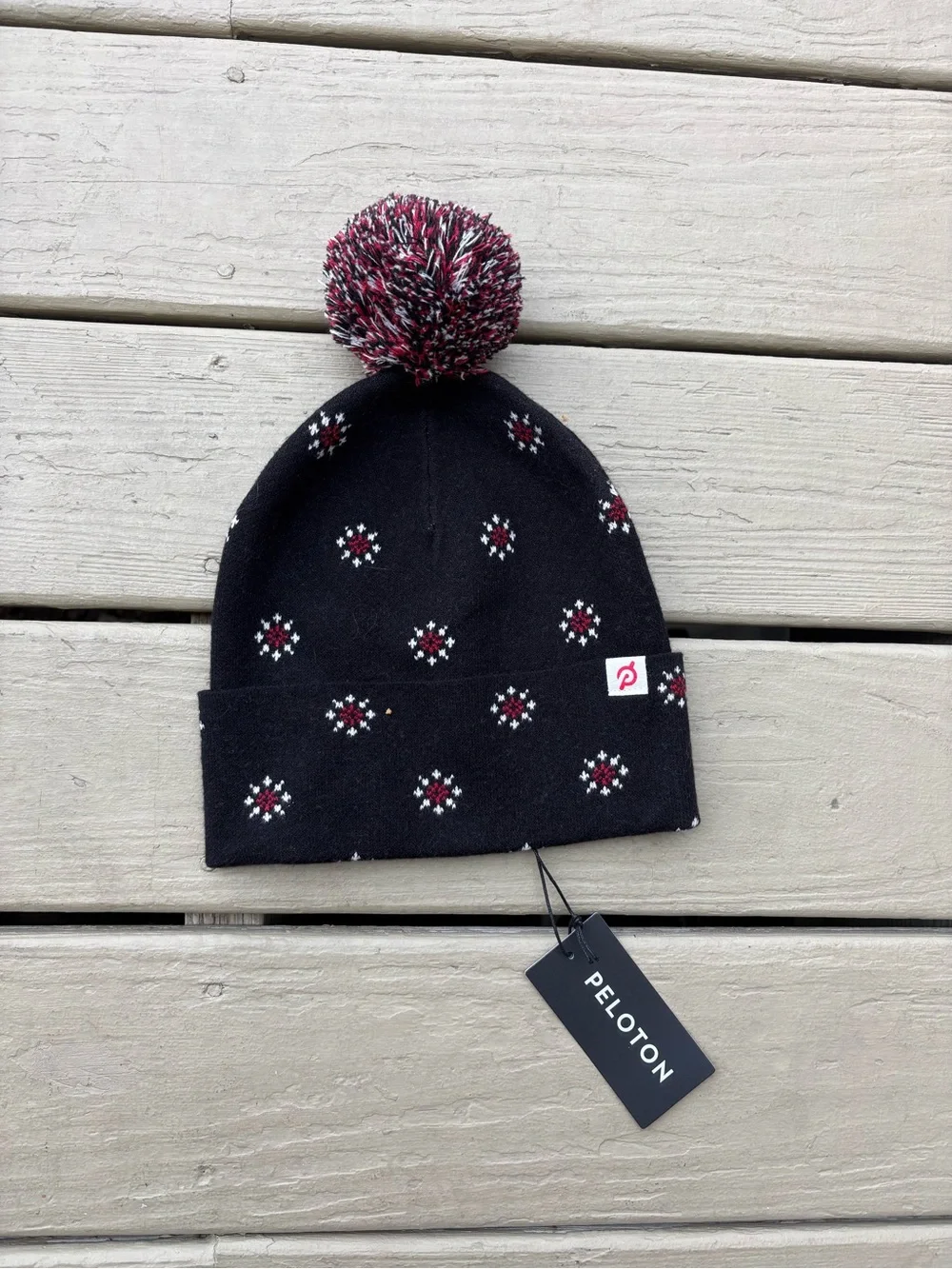 NWT PELOTON Black Beanie with Red & White Pom Pom, Size: OS